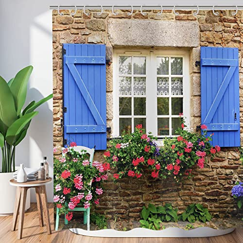 Hnmdmyi Tenda da doccia giardino 180x200, 3D Tende da doccia fiori piante blu finestra pietra muro paesaggio esterno immagine natura tenda da bagno tessuto impermeabile lavabile tenda da bagno