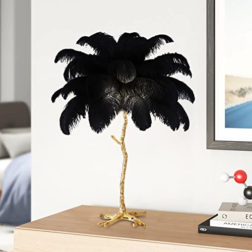 KISFWIU Harz Straußenfeder Tischlampe Nachttischlampe Licht orange braun weiß schwarz Feder Lampenschirm Wohnzimmer Tischleuchte Home Dekoration 80cm (Black)