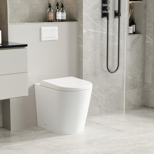 Robanmoa Modern BTW Back to Wall Toilet Concealed Cistern Toilets, White Ceramic WC Short Projection Pan Concealed Toilet Cistern Soft Close Seat Compact Bathroom Toilets