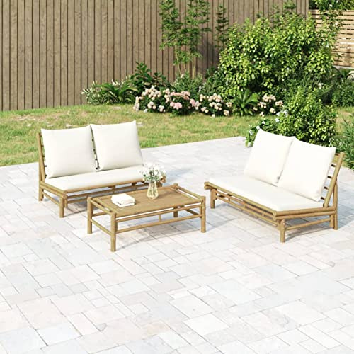 ZEYUAN Salon de Jardin 2 pcs avec Coussins Blanc crème Bambou,Salon De Jardin Extérieur,Meuble Salon Jardin Exterieur,Meuble Balcon Exterieur