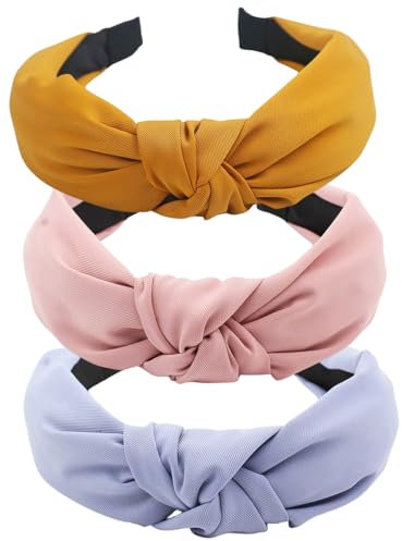 scicent Haarreifen Damen 3 Stück Haarreif Vintage Haarband Breite Haarreifen MäNner Retro Stirnband mit Knoten Headband Stirnband Haarschmuck (Gelb+Blau+Pink) - 1812