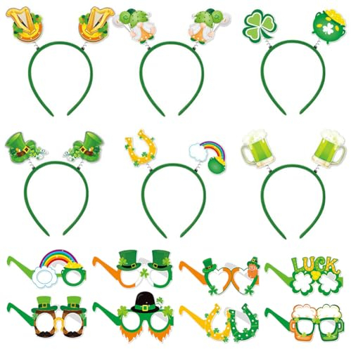 6Pcs St Patrick's Day Headbands & 8Pcs Glasses Set, Green Shamrock Hair Band Clover Hair Hoops Irish Photo Booth Props Paper Eyeglasses St. Patrick's Day Party Glasses Frames Irish Accessories