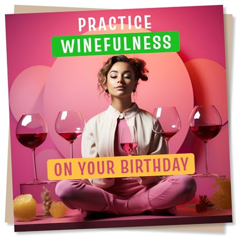 Funny Wine Birthday Card for Women, Woman - Practice Winefulness | for Her, Friend, Colleague, Sister - Illustrated, Pink, Stylish, Relaxation, Modern - Blank Inside, with Envelope