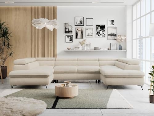 MKS MEBLE Sofa U-Form Beige, Wohnlandschaft U-Form, Sofa mit Schlaffunktion und Bettkasten, Schlafsofa mit Bettkasten, Couch mit Verstellbare Kopfstützen - Peter U - Beige Boucle