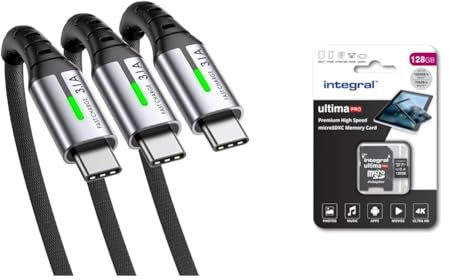INIU USB C Charger Cable, 3Pack(0.5+2+2m) USB A to USB C Cable 3.1A Fast Charging & Integral 128GB Micro SD Card 4K Video Premium High Speed Memory Card SDXC Up to 100MB s Read