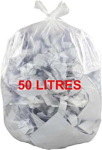 Bolsa de basura transparente de 50 l | 100 bolsas de basura de 50 litros (2 rollos de 50 bolsas) | Resistente (14 µ) e impermeable | Papeleras de oficina – baño – cocina | Cierre de lazo para atar |