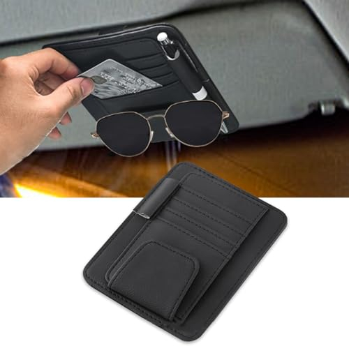 Zamety Auto Sonnenblende Organizer, Brillenhalter für Auto PU Leder, Verstellbar Sonnenbrillenhalter Auto mit Aufbewahrungsfächern, Universal Brillenhalter Auto, Kartenhalter Auto, Schwarz
