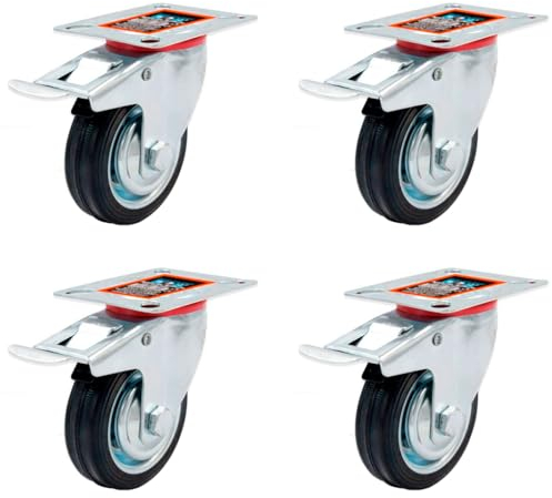 Acan Tradineur - Pack de 4 Ruedas giratorias con Freno para Muebles, Goma y Hierro, Incluyen Placa de Montaje, Rueda de Transporte para Cargas Pesadas, Industrial, Peso máx. 50 kg, Ø 75 mm