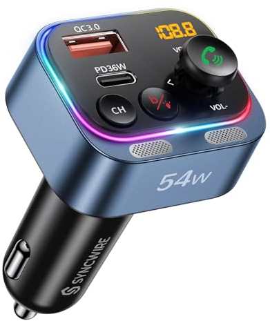 Syncwire FM Transmitter 5.4 Bluetooth Adapter Auto 54W PD & QC 3.0 USB C Auto Ladegerät [Stärkere Dual-Mikrofone | HiFi-Basston | Schnellladung | Lichtschalter | Kabelloser Radioempfänger], Blau