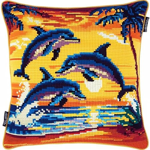 kitphoenix Knüpfkissen Set Delfin Knüpfkissen Set für Anfänger Erwachsene oder Kinder zum Selber Knüpfen, DIY Knüpfteppich Knüpfpackung, Knüpfhaken Set 43 x 43 cm