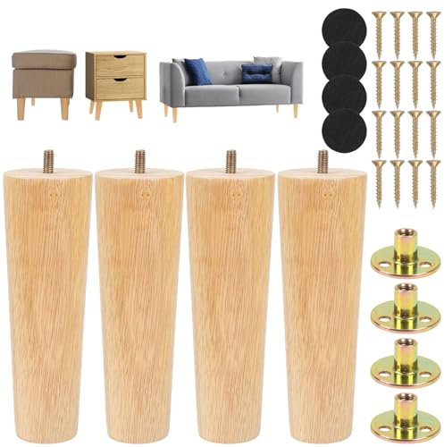 Luabue Lot de 4 pieds de meubles en bois de 18 cm, pieds de canapé, de chaise, de table, d'armoire, pieds de lit en bois d'hévéa massif, pieds droits coniques avec coussinet de protection en