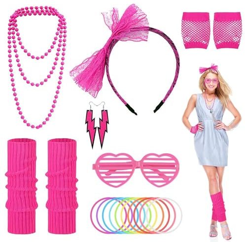 TOPBELIEF 80s Fancy Dress Costumes Neon Party Accessories 1980s Fancy Dress for Women with Fishnet Gloves Leg Warmers Headband Glasses Earrings Necklace Bracelet for Bachelor Party Photo Props