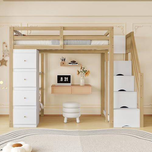 NNJN Letto a soppalco con cassetto portaoggetti, comò con ripiani, scala di sicurezza con cassetti portaoggetti, letto multifunzione in legno massiccio, letto per bambini (colore legno, 90 x 200 cm)