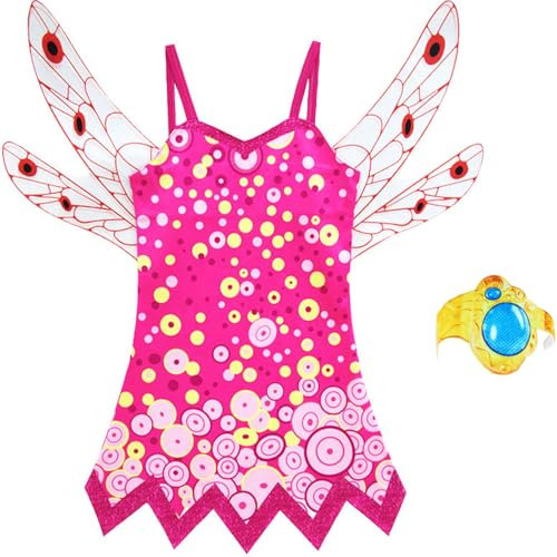 Windskids Mia Kostüm Mädchen Cosplay Mia Rosa Elf Prinzessin Trägerkleid mit Flügeln und Hose Armbänder Anzug für Halloween Weihnachten Karneval Party Geburtstag Maskerade Performance Verkleidung