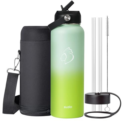 BUZIO 40oz Insulated Water Bottle, Triple Wall Stainless Steel Water Flask with 2 lids, Leakproof BPA-Free Straw Lid Sports Canteen for Sports Hiking, Cold 48H & Hot 24H- Gradient Green