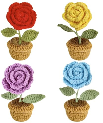 Magicherry Fiori all'uncinetto, piante in vaso, rose fatte a mano, filo di lana artificiale, fiori per auto, cruscotto, casa, ufficio, decorazione da tavolo, 4 pezzi, colore #C