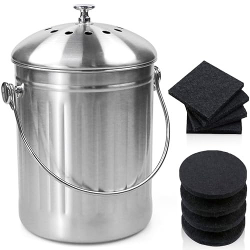 MYITYARD Komposteimer für die Küche, 3,5 l, Edelstahl, Arbeitsplatte, Komposteimer mit Deckel und Kohlefilter, geruchloser Kompostbehälter, silberfarben