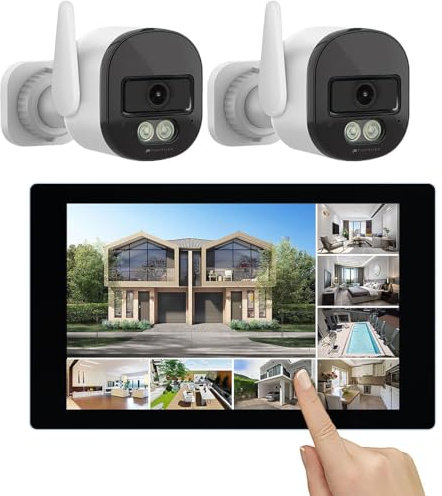 VisorTech Überwachungssystem: WLAN-6-Überwachungsrekorder, 10,1-Touchscreen-Monitor, 2X 2K-Kameras (IR Überwachungskamera, Funk Überwachungskamera Sets, Videorecorder)