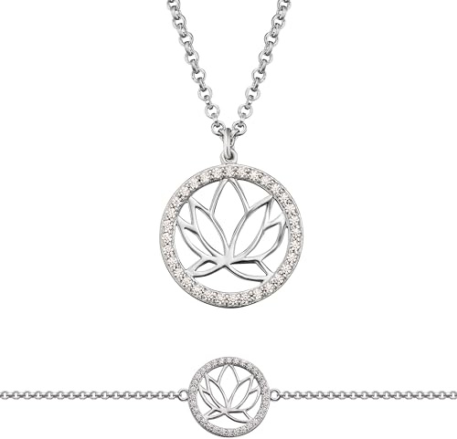 Engelsrufer Schmuckset Damen – Silberkette mit Lotus Anhänger & Armband, 925 Sterlingsilber mit Zirkonia Steinen