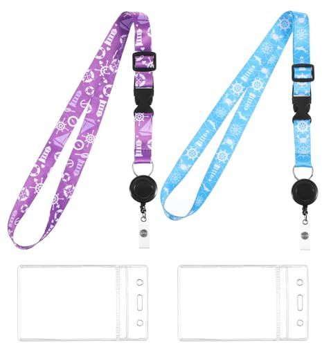 2er Set Kartenhülle mit Band, Bordkarten Anhänger Kreuzfahrt Ausziehbare Halskette mit Wasserdichter ID-Hülle aus Weichem Polyester für Kreuzfahrten & Konferenzen(Blau/Lila)