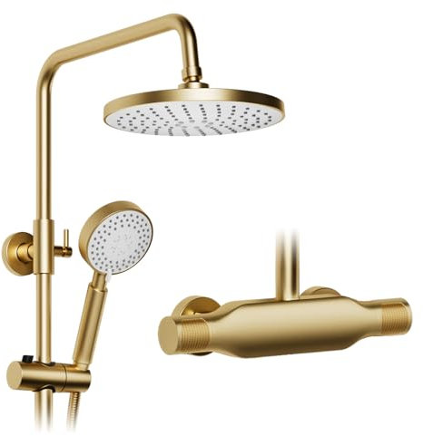 Colonne de douche,Ensemble de colonne de douche 3 en 1,Pommeau de douche à effet pluie rond de 225 mm,Système de douche rétro en or brossé,Pommeau de douche réglable à 360°,Douchette à main 3 modes