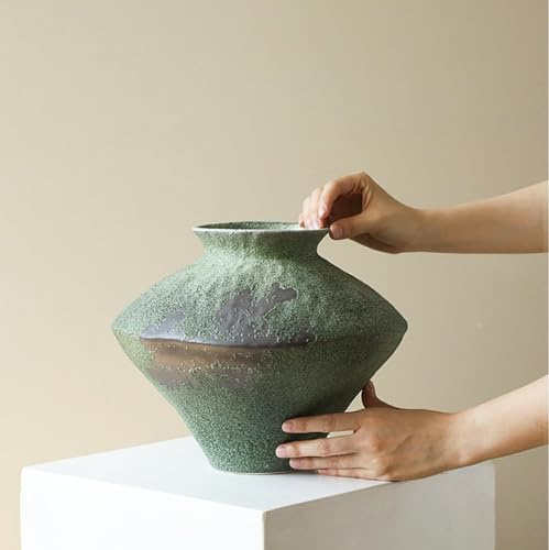 XIUWOUG Large Green Rustic Ceramic Flower Vase Wabi Sabi Stoneware Planter Pot for Garden Home Decor Farmhouse Decor