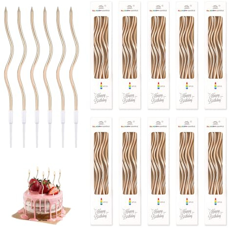 60 Stück Gebogen Geburtstag Kerzen, Geburtstagskerzen mit Halter, Spiral Kuchen Kerzen Geburtstag aus Paraffinwachs für Geburtstagstorte, Hochzeit, Jubiläum, Abschlussfeier, Party (Champagnergold)