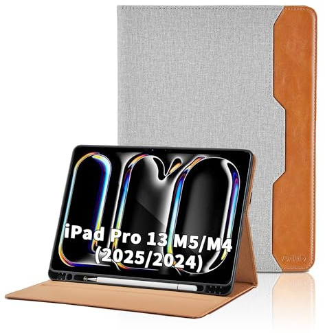 Coque Compatible avec iPad Pro 13 Pouces Étui M5/M4 (2025/2024) A3360 / A3361 / A3362/ A2925 Étui Cover en PU Tablette avec Poche et Porte-Stylo, Flip Portefeuille Housse avec Fonction Support (Gris)