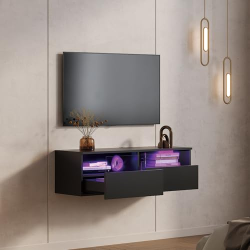 KEEPREAPER Lowboard 100cm TV Schrank mit LED-Beleuchtung hängend Schwarz | Fernsehschrank, griffloses TV-Board, 2 Schubladen mit Acryl für Wohnzimmer
