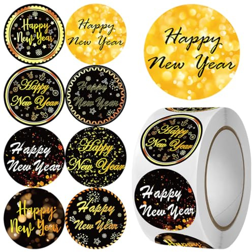 Happy New Year Aufkleber, 500 PCS Sticker Silvester, Neujahr Sticker Frohes Neues Jahr Etiketten Stickers für Geschenktüten Boxen,Umschläge,Geschenke,Neujahrskarten Silvester Deko 2026