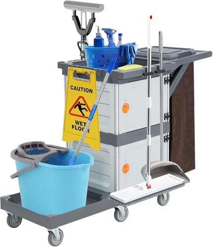Chariot de nettoyage professionnel, chariot de nettoyage commercial d'hôtel et d'hôpital avec casiers, chariots de nettoyage multi-usages avec 6 roues et sac en vinyle pour bureau, hôtel, capacité 300