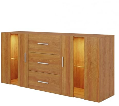 Panana High Gloss 2 Door Sideboard Cupboard with LED Lights and 3 Drawers Display Cabinet Storage Unit for Living Room Bedroom (Oak)