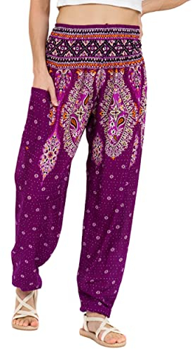 Lofbaz Damen Haremshose Yogahose Pumphose Hippie Hose Boho Kleidung Festival Outfit Sommerhose Leicht Sommer Hosen - Floral 3 Violett L