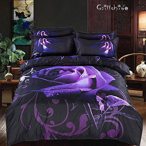 Duvet Cover Set Lila Rose mit Tau 3D Effekt Blumen Blumenmuster Lila Pflaumenblüte Violet lilac Plum Nicht Eisen Quilt Kissenbezug Bettwäsche Sets (220x240cm)