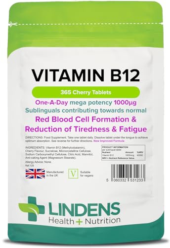 Lindens Vitamin B12 1000mcg Sublingual Tablets | 365 Pack | Contributing Towards Red Blood Cell Formation, Reduction of Tiredness & Fatigue