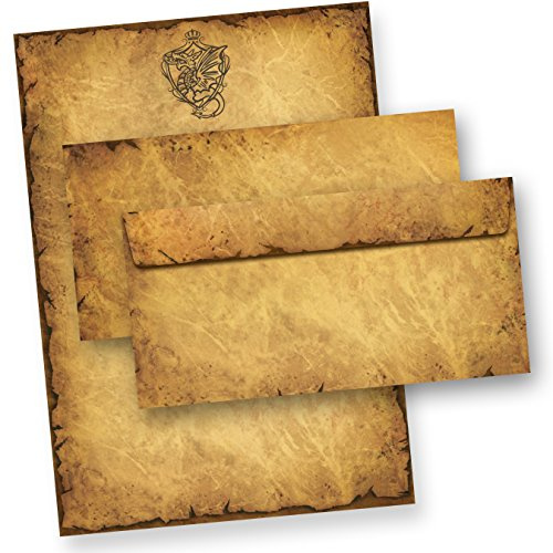 TATMOTIVE 05-0134-0093-00025 Altes Briefpapier Set Drache Wappen (25 Sets) A4, 90 g/qm, 25 Briefpapiere + 25 Umschläge
