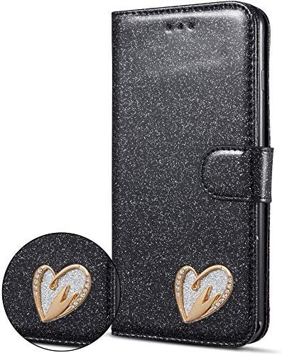 DN-TECHNOLOGY iPhone SE Case (3rd Gen 2022) iPhone SE 2020 Case iPhone SE 3 Phone Case Heart Diamond Designer Leather Wallet For Women Phone Cover for iPhone SE 3 2022/SE 2020/8/7 (BLACK)