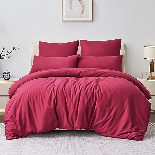 Aisbo Bettwäsche 220x240 3teilig Rot - Bettbezug 240x220 cm 3tlg mit Kissenbezug 80x80 cm, ÖKO-TEX Bettwäsche Set Mikrofaser mit Reißverschluss, Weich und Bügelfrei