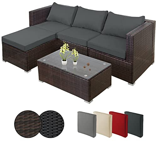 Montafox Poly Rattan Lounge Sitzkissen 8cm Gartenmöbel Ecklounge Frei Kombinierbare Elemente Ecksofa Gartengarnitur Garten Balkon Terrasse Outdoor, Farbe:Schwarz-Braun meliert/Nachtschwärmergrau