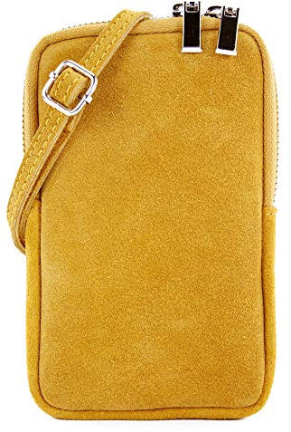 modamoda de T210 Damen Wildleder Rauleder Handytasche 6,7 Zoll Umhängetasche handmade in Italy, Farbe:Senfgelb