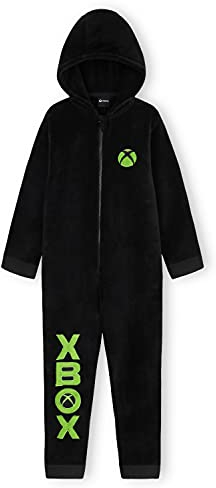 Xbox Schlafanzug Jungen Teenager Kuschelig Schlafoverall Onesie Kinder Lang Warmer Jumpsuit Fleece Gamer Geschenke für Jungen (15 Jahre, Schwarz)