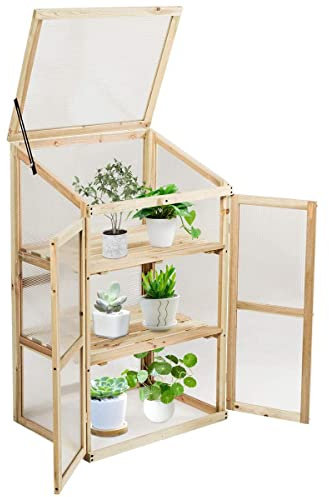 GYMAX Mini Serra Portapiante, in Legno e Policarbonato, Aiuola Trasparente a 3 Piani, Serra Vegetale, Coltivatore con Coperchio Apribile, Fioriera per Balcone, Giardino e Cortile, 60x45x100 cm