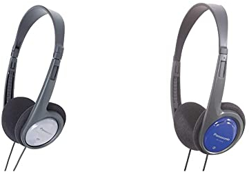 Panasonic RP-HT090E-H Bügelkopfhörer (Kopfhörer mit langem Kabel; TV-Kopfhörer; 3,5mm Klinkenstecker) grau & RP-HT010E-A Bügelkopfhörer (1,2m Kabellänge; Kopfhörer Klinkenstecker) blau