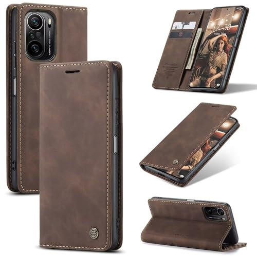 SLWYF Handyhülle für Xiaomi Poco F3/Mi 11i/Mi 11X/Mi 11X Pro/Redmi K40/K40 Pro Hülle, PU Leder Flip Klappbar Magnet Wallet Lederhülle, Silikon Bumper Klapphülle Case mit Kartenfäch für Poco F3, Kaffee