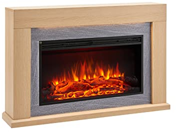 BALDERIA Xerxes Elektrokamin - Elektrischer Standkamin mit Heizung 1000/2000 W, realistischer 3D-Flammeneffekt, LED-Beleuchtung, Fernbedienung programmierbar, Timer, Thermostat, Hellbraun