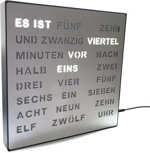Bada Bing LED Wortuhr Silber mit Deutscher Wort Anzeige - edle Metall Uhr mit USB Kabel Wanduhr modern - Tischuhr hochwertig lautlos zum Aufstellen/Aufhängen - Deko Geschenk Männer Büro Wohnzimmer