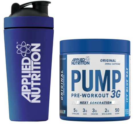 Applied Nutrition Pump 3G Pre Workout + 750ml Steel Protein Shaker - Energy, Focus & Performance (375g - 25 Servings) (ICY Blue Raz)