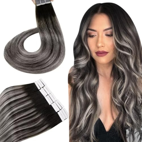 Tape-In Extensions Echthaar Balayage Schwarz Tape Haarextensions Echthaar Sidig Haar Tape in Remy Extensions Tape Extensions Echthaar #1B/Silver/1B 50cm 50g