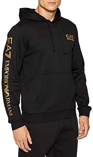 Emporio Armani Felpa Uomo con Cappuccio EA7 8NPM18 PJ05Z, Sweatshirt Hoodie (Nero/ Logo Oro, M)