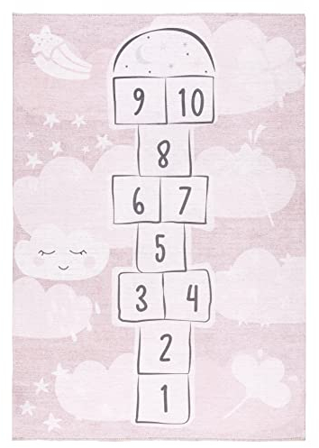 Kinderteppich Rosa mit Hinkelspiel 155 x 225 cm – Waschbar & rutschfest – Weicher Spielteppich für Mädchenzimmer - Schlafzimmer Teppich